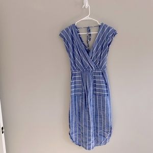 Midi dress, blue and white stripe, cinched waist, pockets, back tie, size small